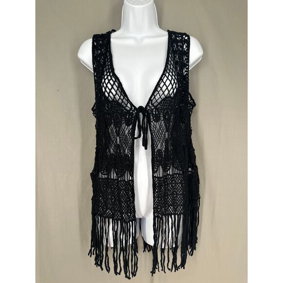 Vintage Crochet Top Womens Small Black Tie Front Sheer Boho Festival Bohemian - Picture 1 of 6